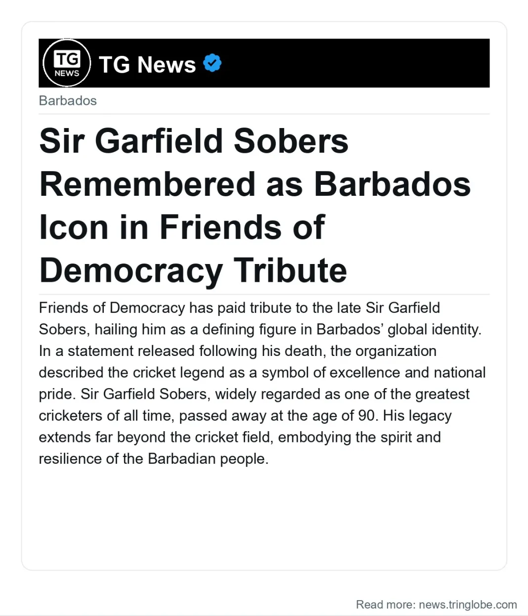 Sir Garfield Sobers Remembered as Barbados Icon in Friends of Democracy Tribute