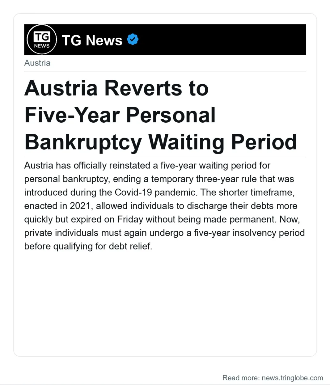 Austria Reverts to Five-Year Personal Bankruptcy Waiting Period