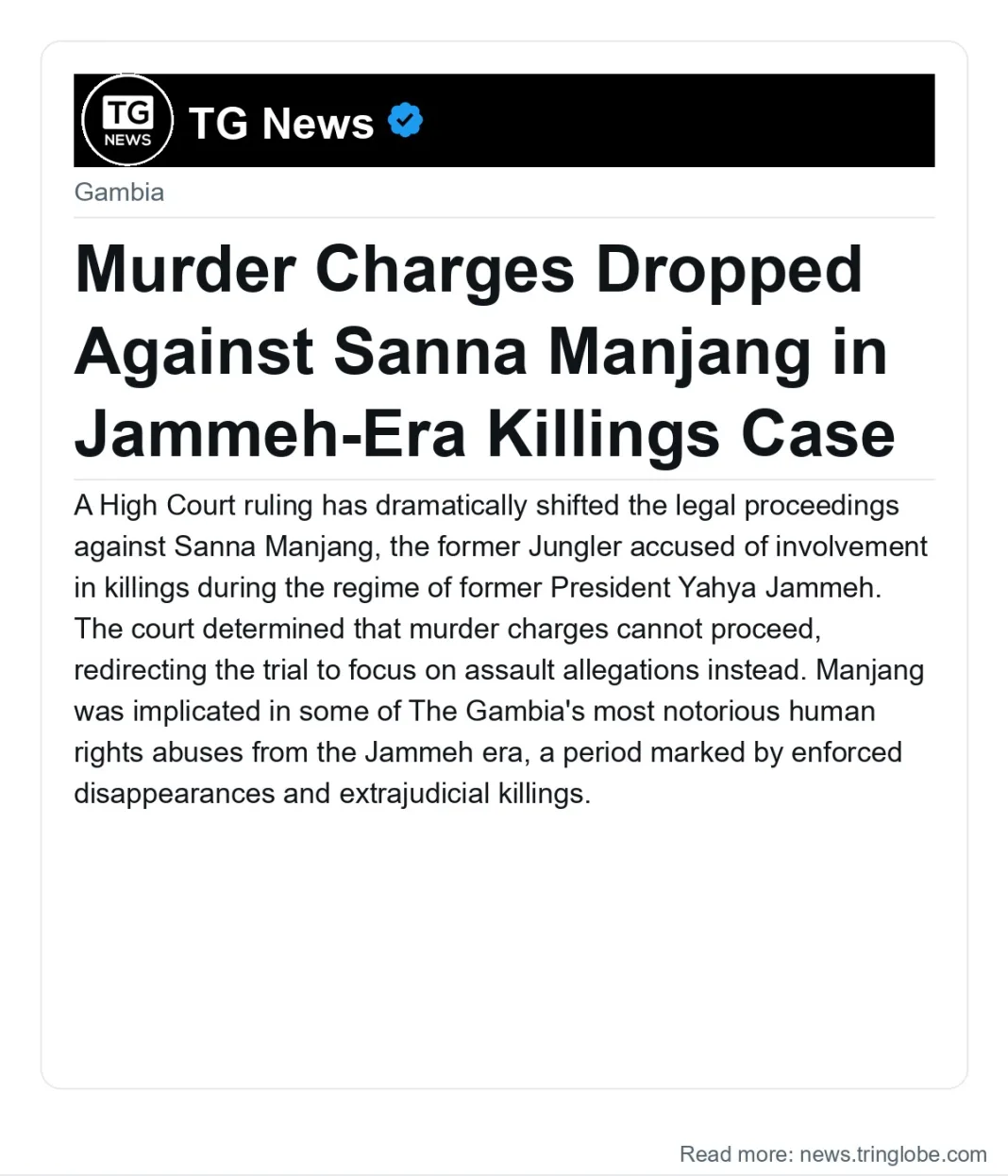 Murder Charges Dropped Against Sanna Manjang in Jammeh-Era Killings Case