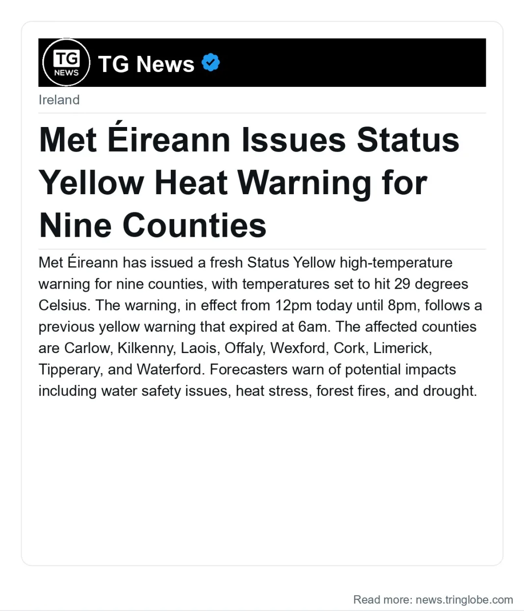 Met Éireann Issues Status Yellow Heat Warning for Nine Counties