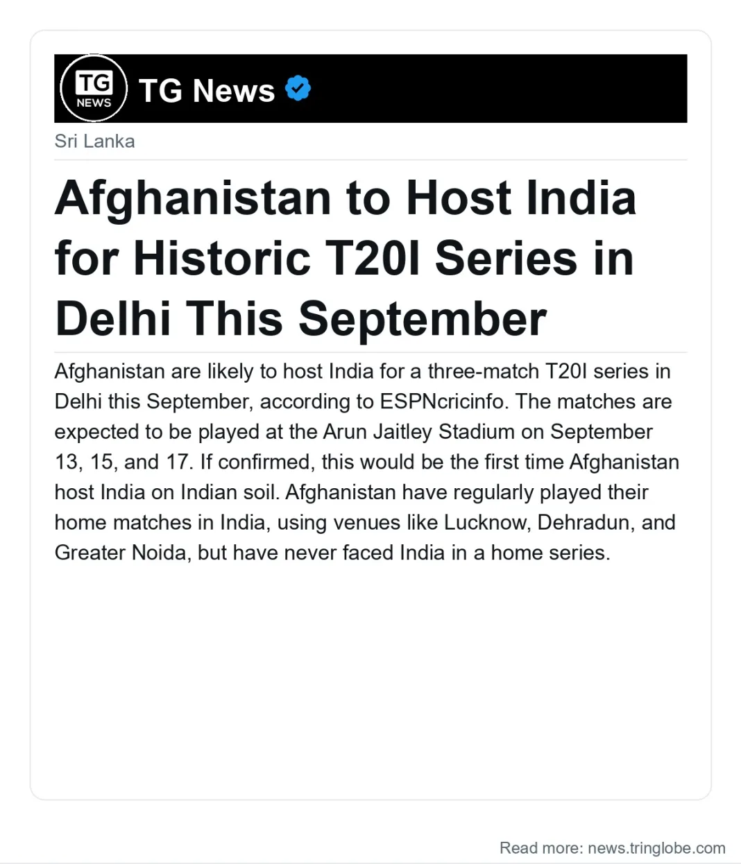 Afghanistan to Host India for Historic T20I Series in Delhi This September