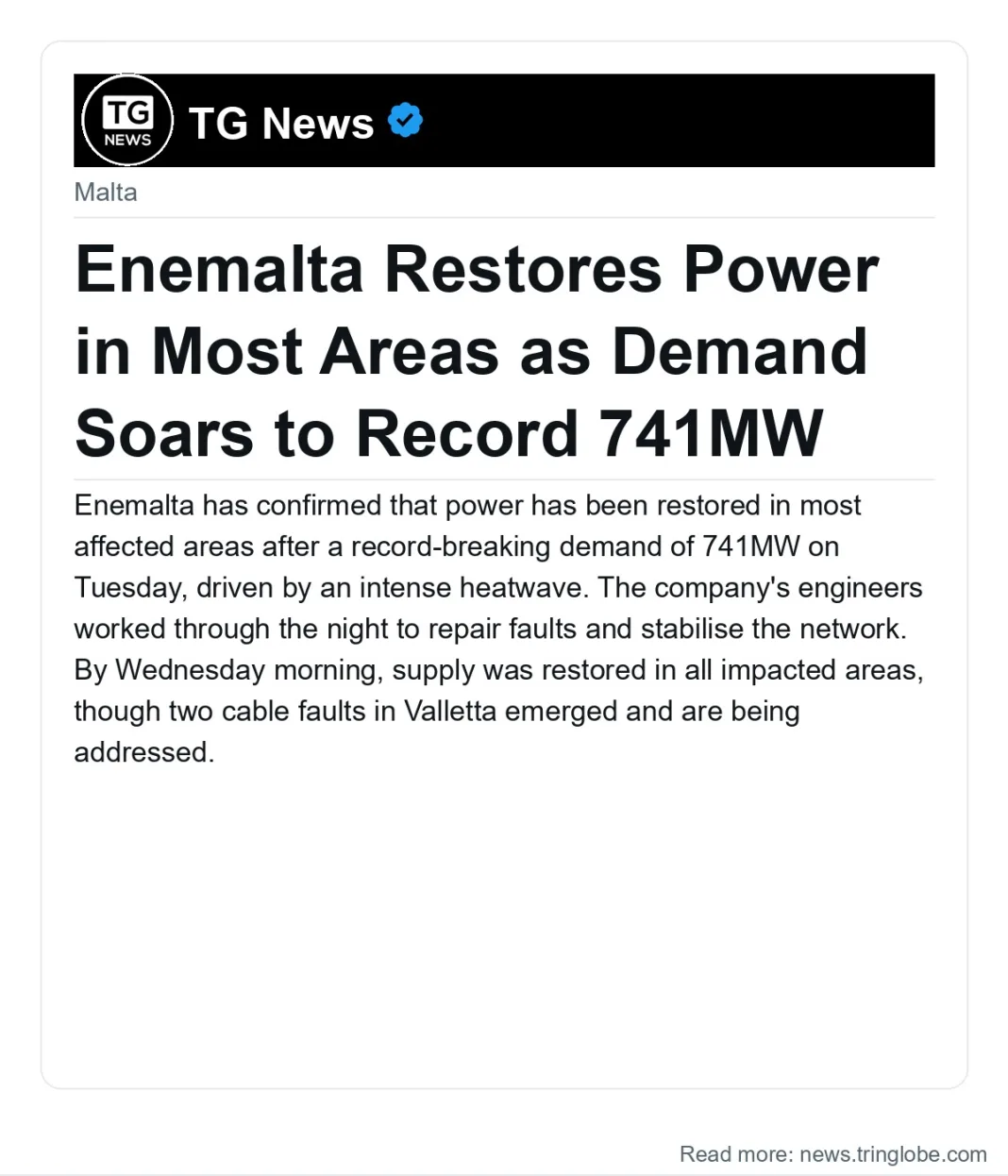 Enemalta Restores Power in Most Areas as Demand Soars to Record 741MW