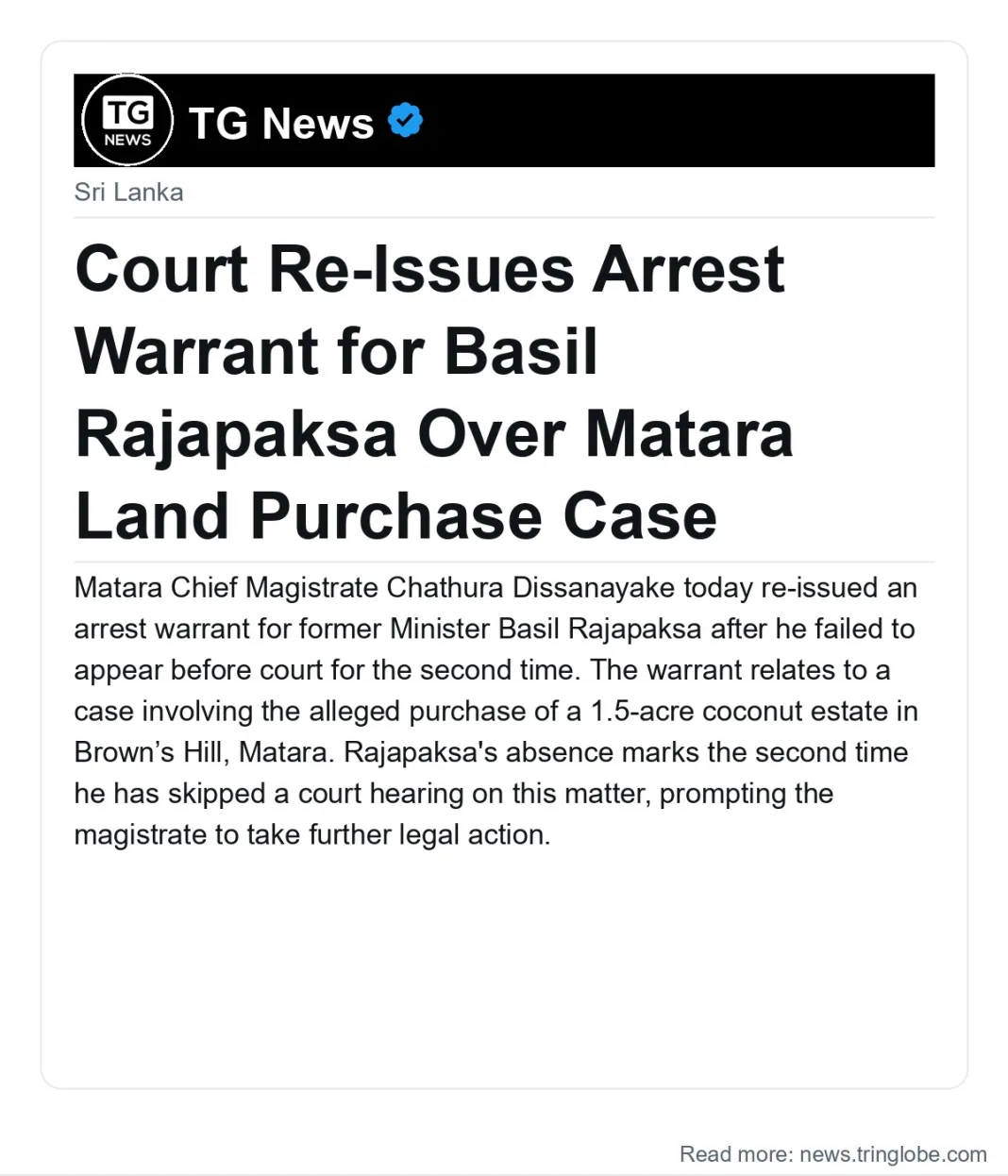 Court Re-Issues Arrest Warrant for Basil Rajapaksa Over Matara Land Purchase Case
