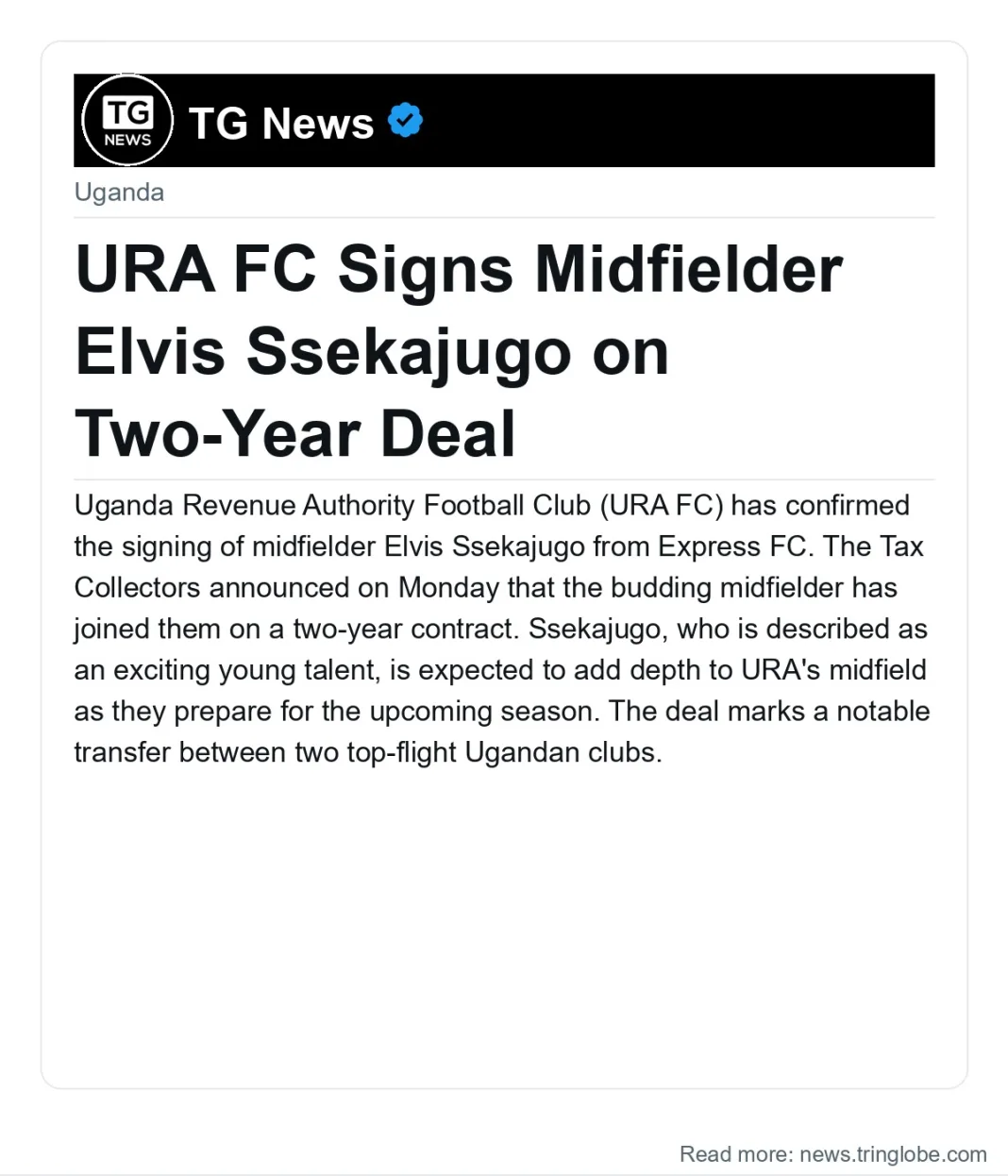 URA FC Signs Midfielder Elvis Ssekajugo on Two-Year Deal