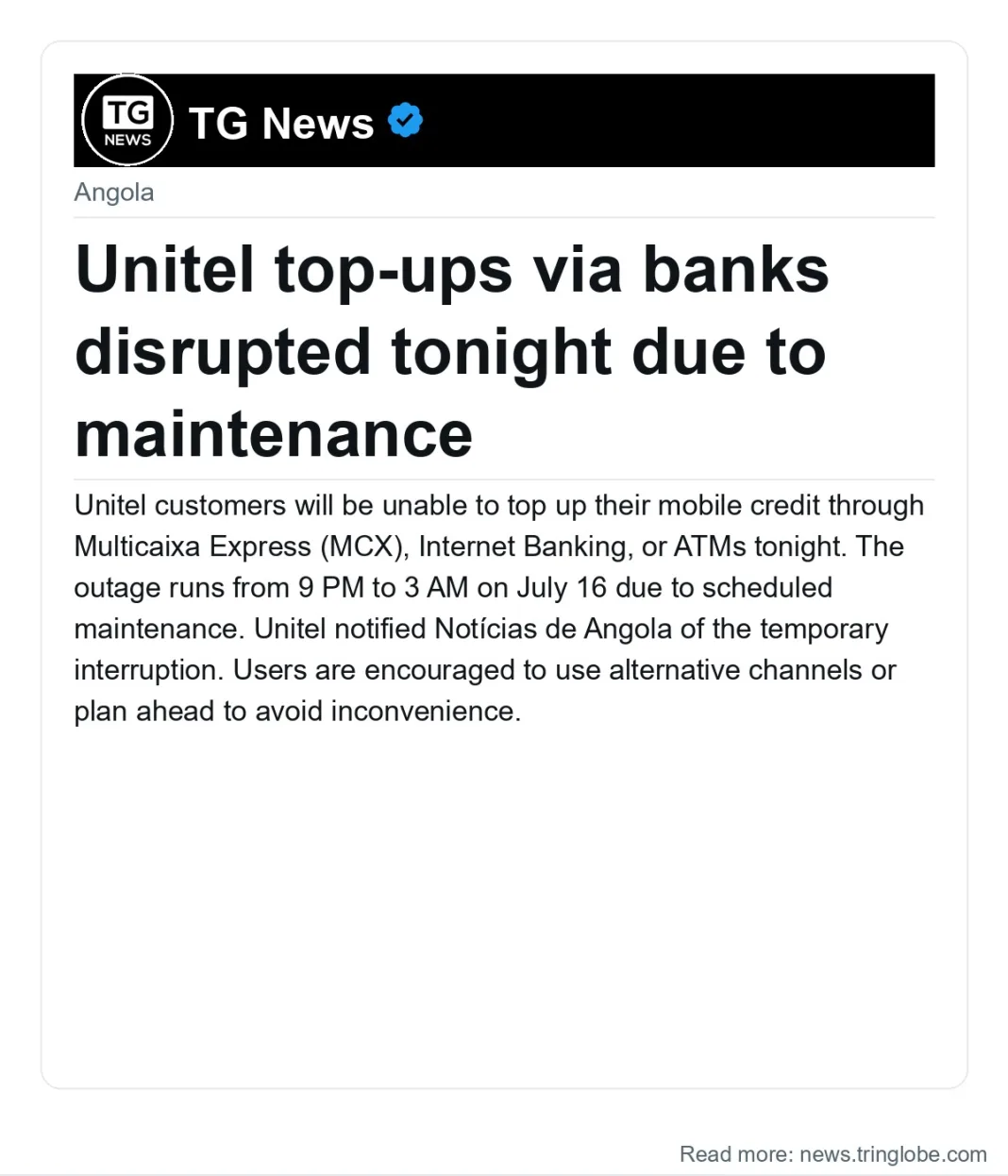 Unitel top-ups via banks disrupted tonight due to maintenance