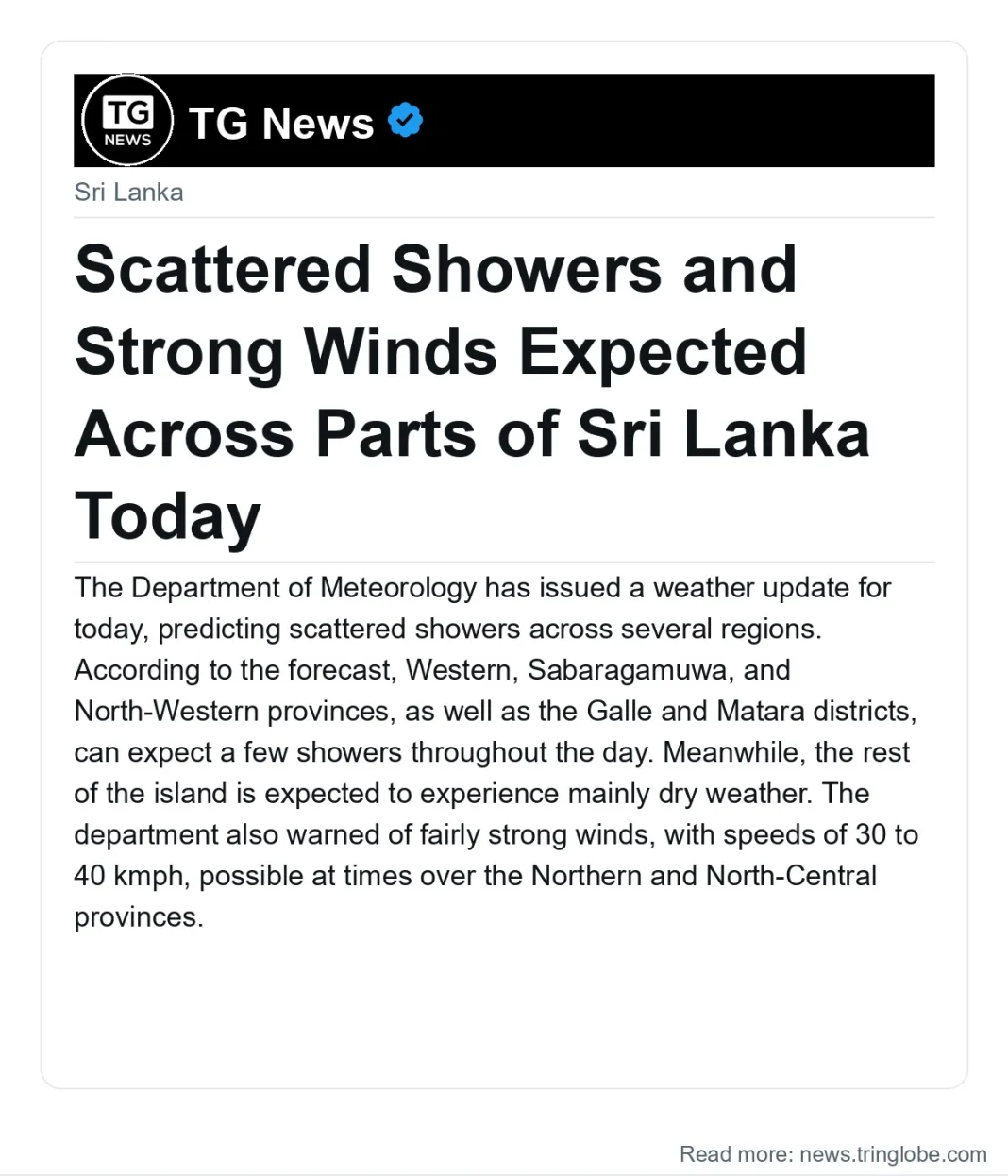 Scattered Showers and Strong Winds Expected Across Parts of Sri Lanka Today