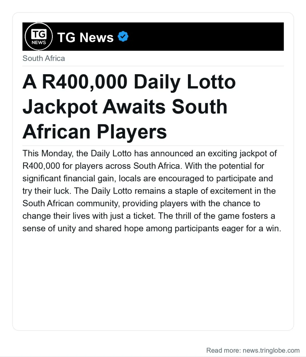 A R400,000 Daily Lotto Jackpot Awaits South African Players