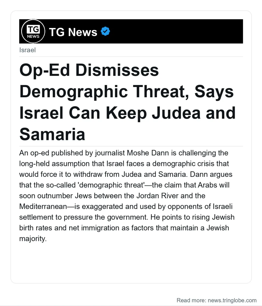 Op-Ed Dismisses Demographic Threat, Says Israel Can Keep Judea and Samaria