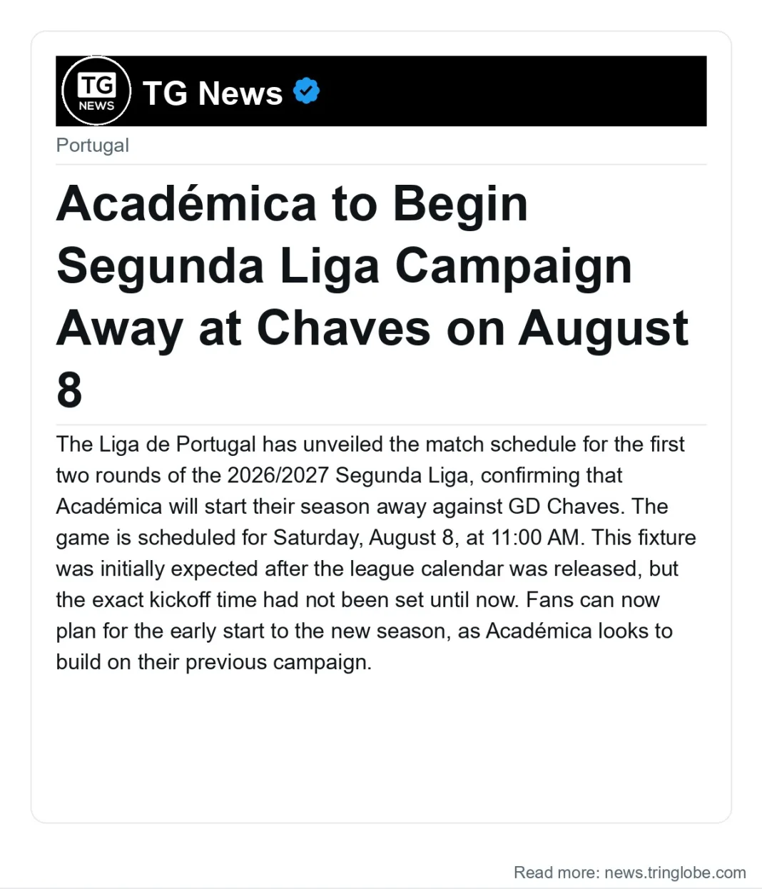 Académica to Begin Segunda Liga Campaign Away at Chaves on August 8