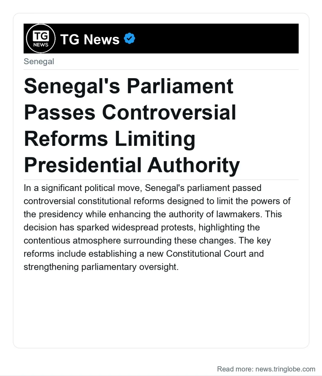 Senegal’s Parliament Passes Controversial Reforms Limiting Presidential Authority