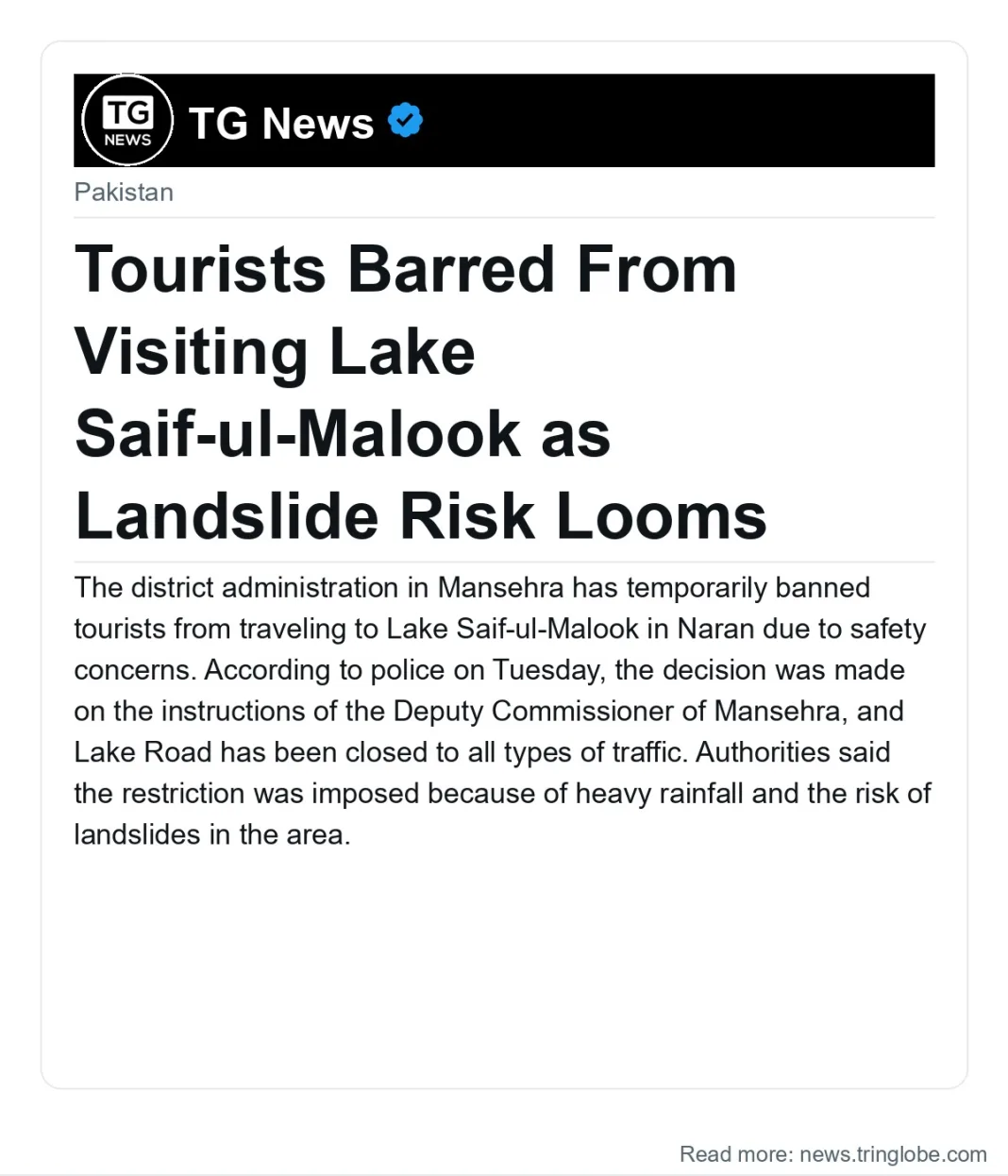 Tourists Barred From Visiting Lake Saif-ul-Malook as Landslide Risk Looms
