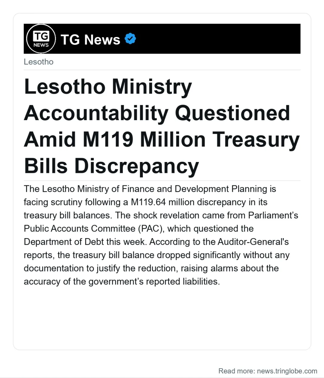 Lesotho Ministry Accountability Questioned Amid M119 Million Treasury Bills Discrepancy