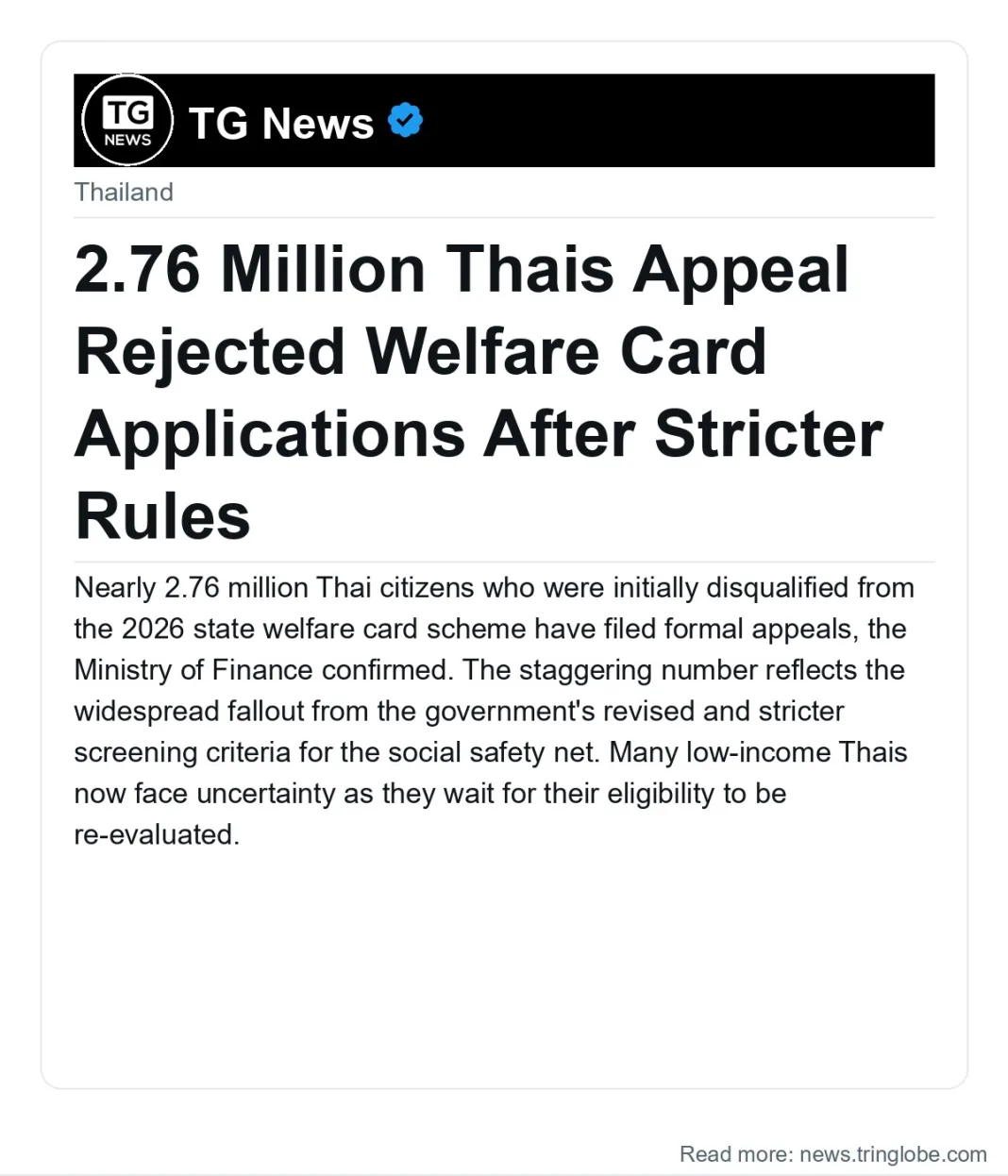 2.76 Million Thais Appeal Rejected Welfare Card Applications After Stricter Rules
