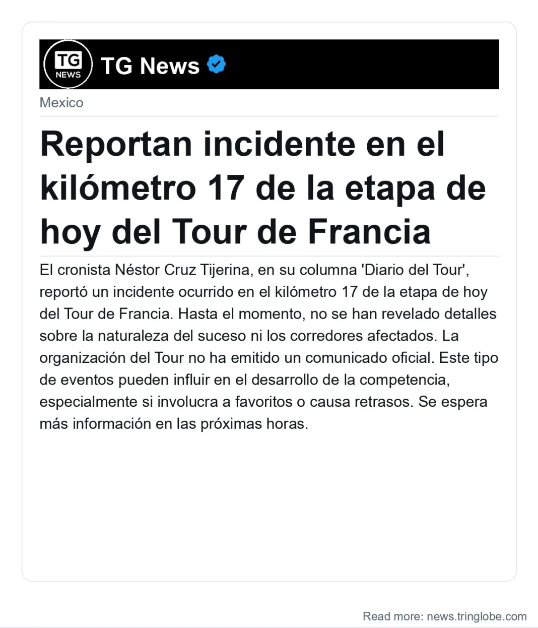 Reportan incidente en el kilómetro 17 de la etapa de hoy del Tour de Francia