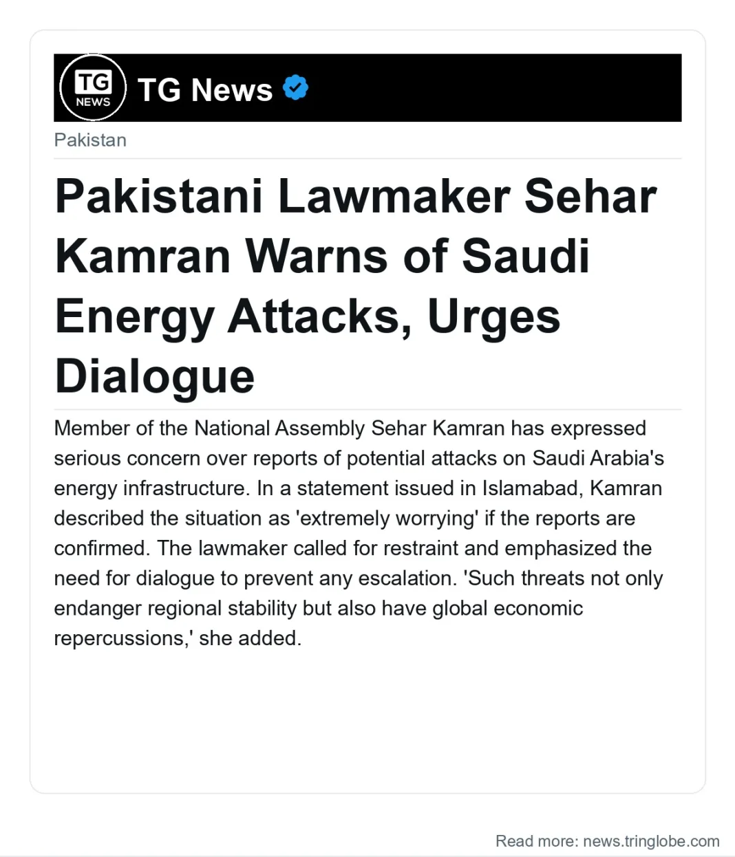 Pakistani Lawmaker Sehar Kamran Warns of Saudi Energy Attacks, Urges Dialogue