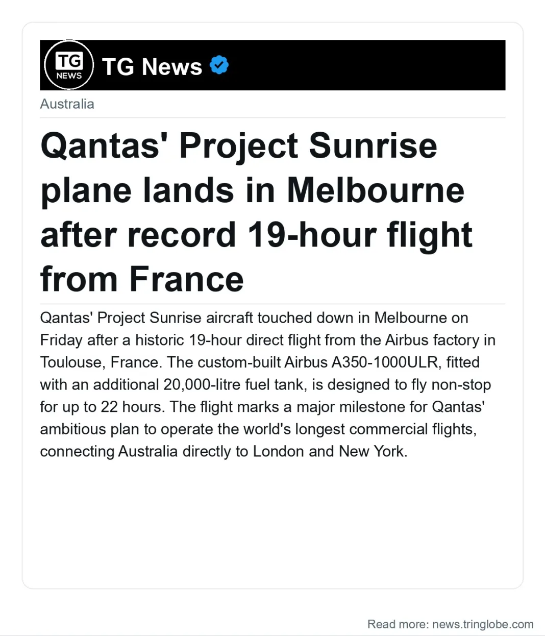 Qantas’ Project Sunrise plane lands in Melbourne after record 19-hour flight from France
