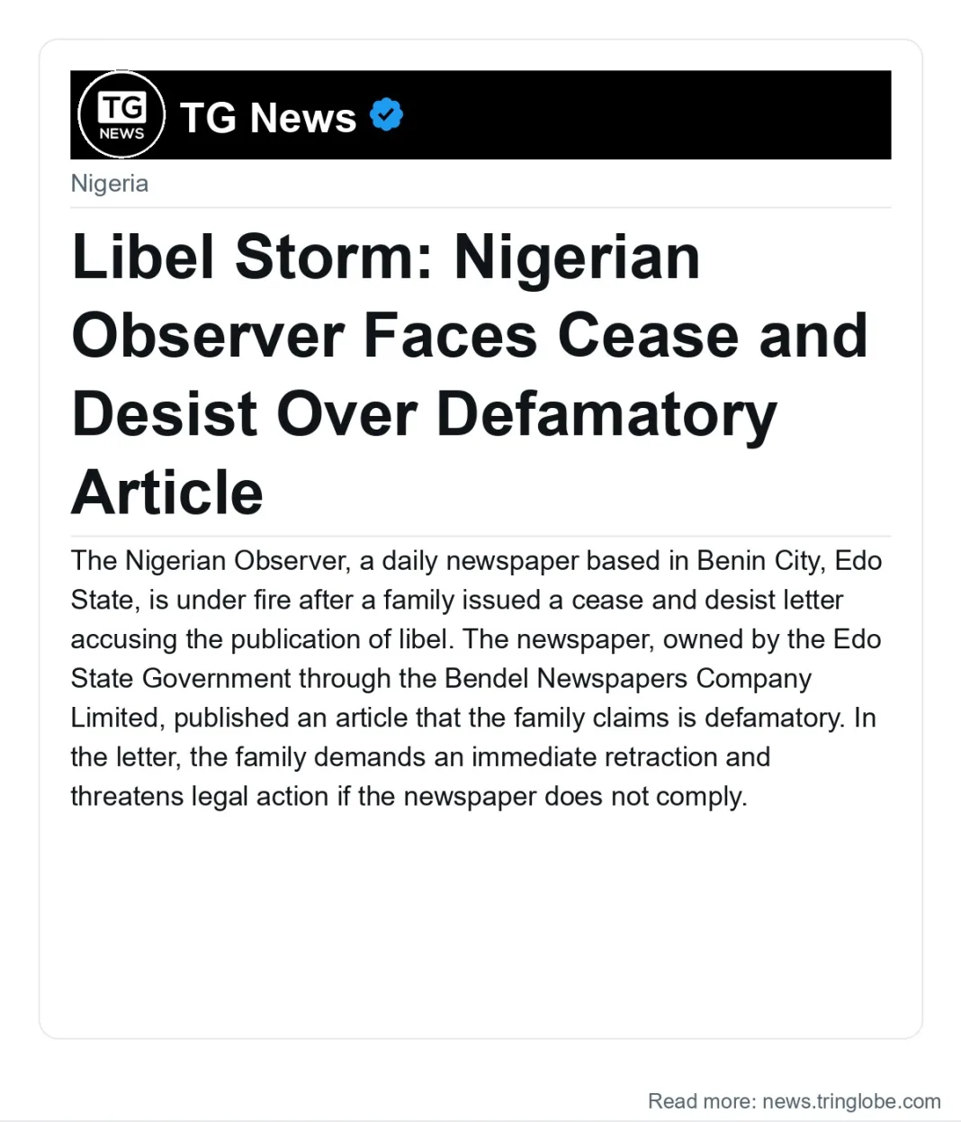 Libel Storm: Nigerian Observer Faces Cease and Desist Over Defamatory Article