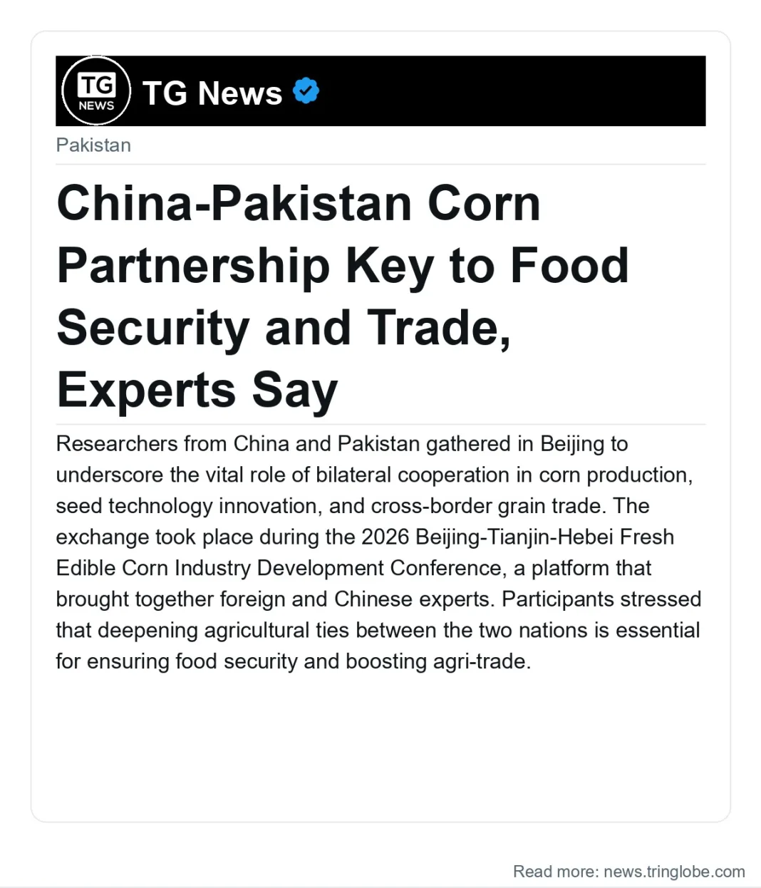 China-Pakistan Corn Partnership Key to Food Security and Trade, Experts Say