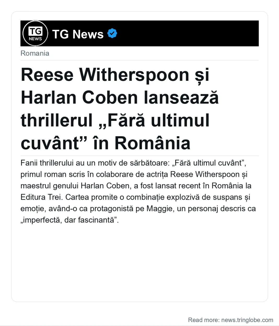 Reese Witherspoon și Harlan Coben lansează thrillerul „Fără ultimul cuvânt” în România