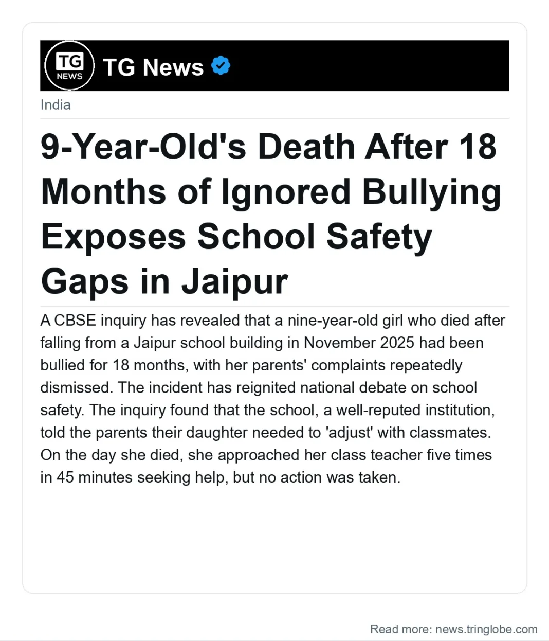 9-Year-Old’s Death After 18 Months of Ignored Bullying Exposes School Safety Gaps in Jaipur
