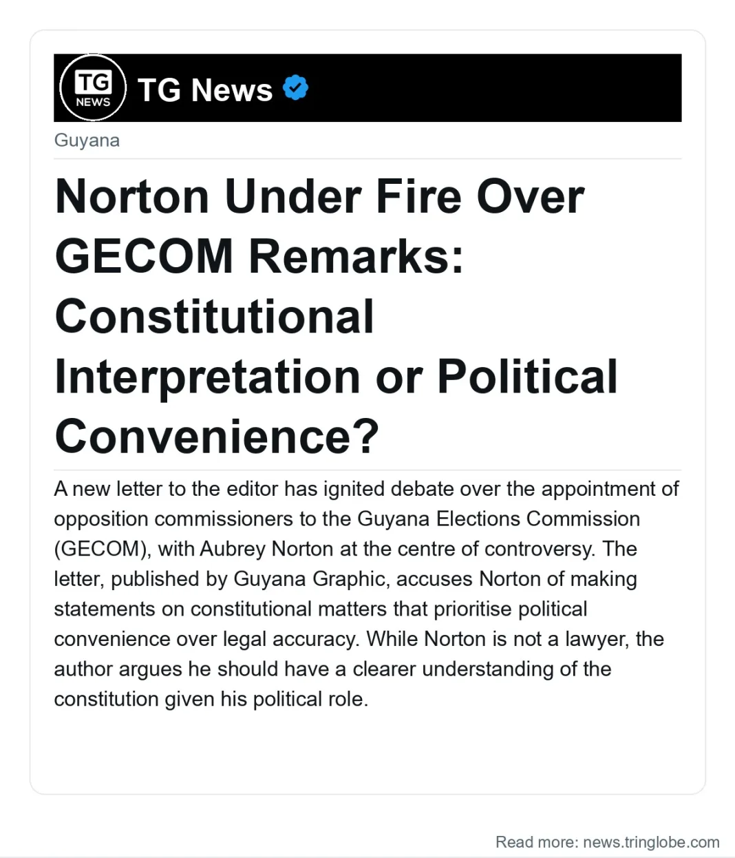 Norton Under Fire Over GECOM Remarks: Constitutional Interpretation or Political Convenience?
