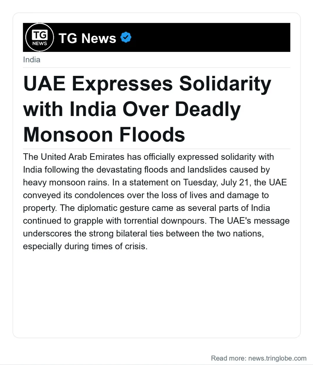 UAE Expresses Solidarity with India Over Deadly Monsoon Floods