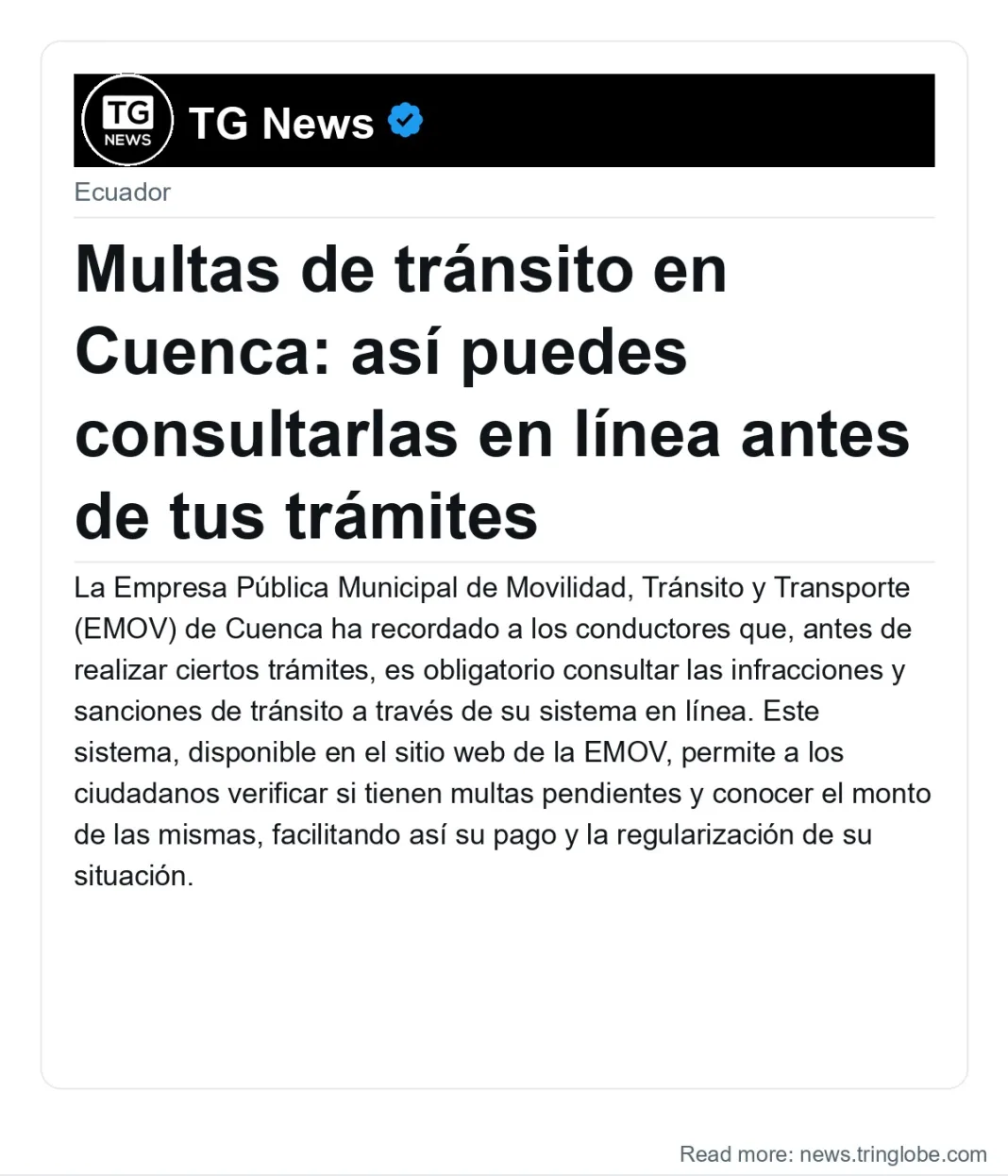 Multas de tránsito en Cuenca: así puedes consultarlas en línea antes de tus trámites