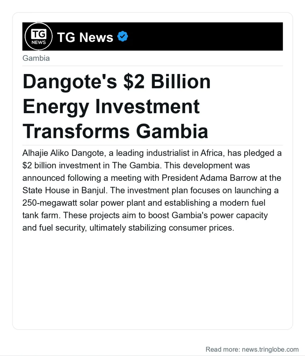 Dangote’s $2 Billion Energy Investment Transforms Gambia