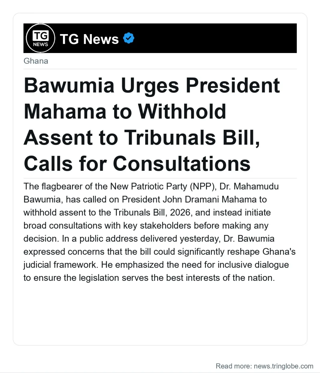 Bawumia Urges President Mahama to Withhold Assent to Tribunals Bill, Calls for Consultations