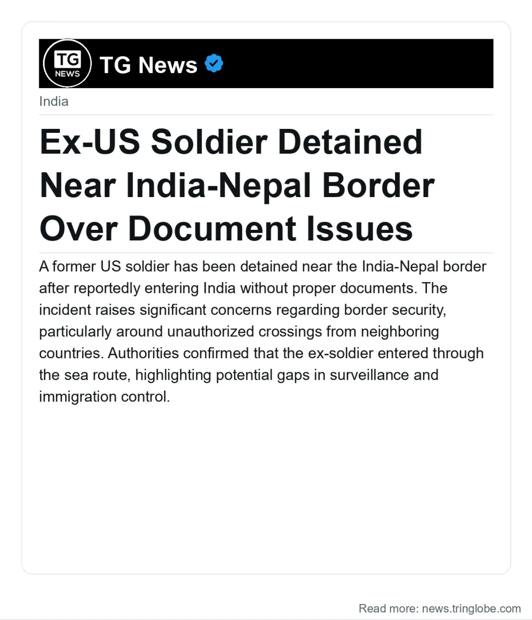 Ex-US Soldier Detained Near India-Nepal Border Over Document Issues