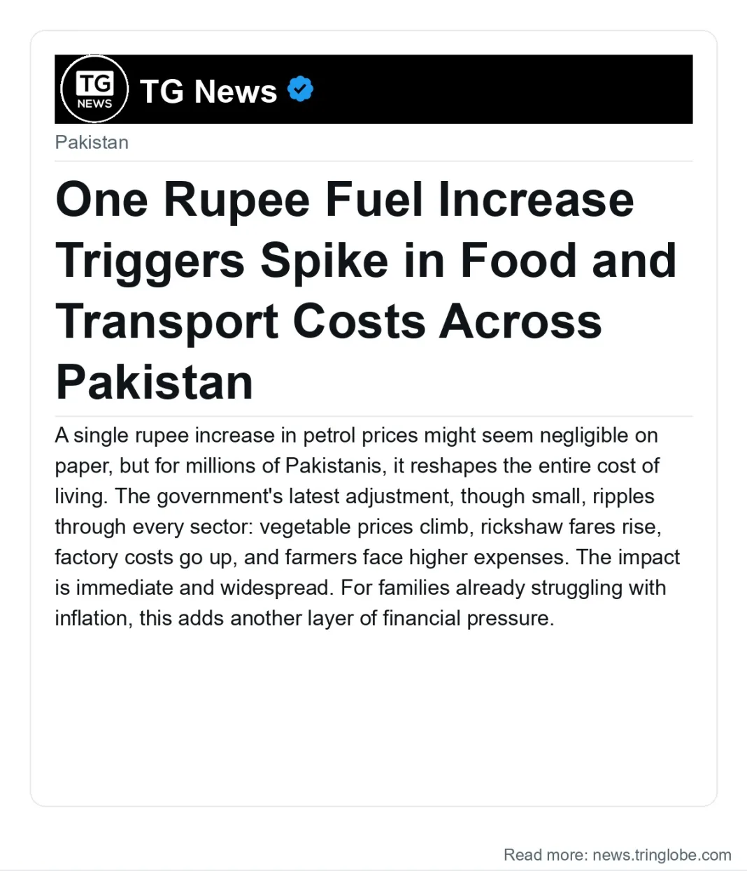 One Rupee Fuel Increase Triggers Spike in Food and Transport Costs Across Pakistan