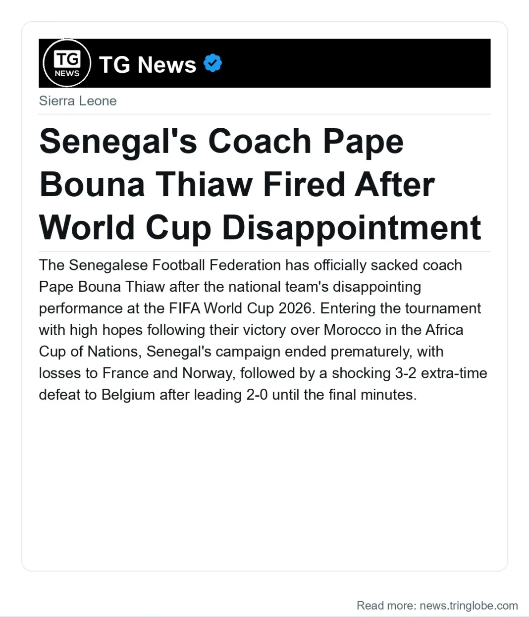 Senegal’s Coach Pape Bouna Thiaw Fired After World Cup Disappointment