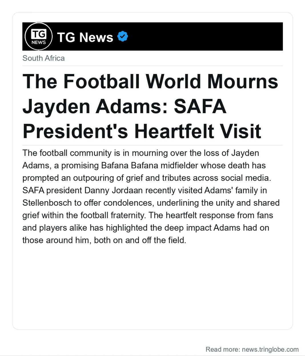 The Football World Mourns Jayden Adams: SAFA President’s Heartfelt Visit