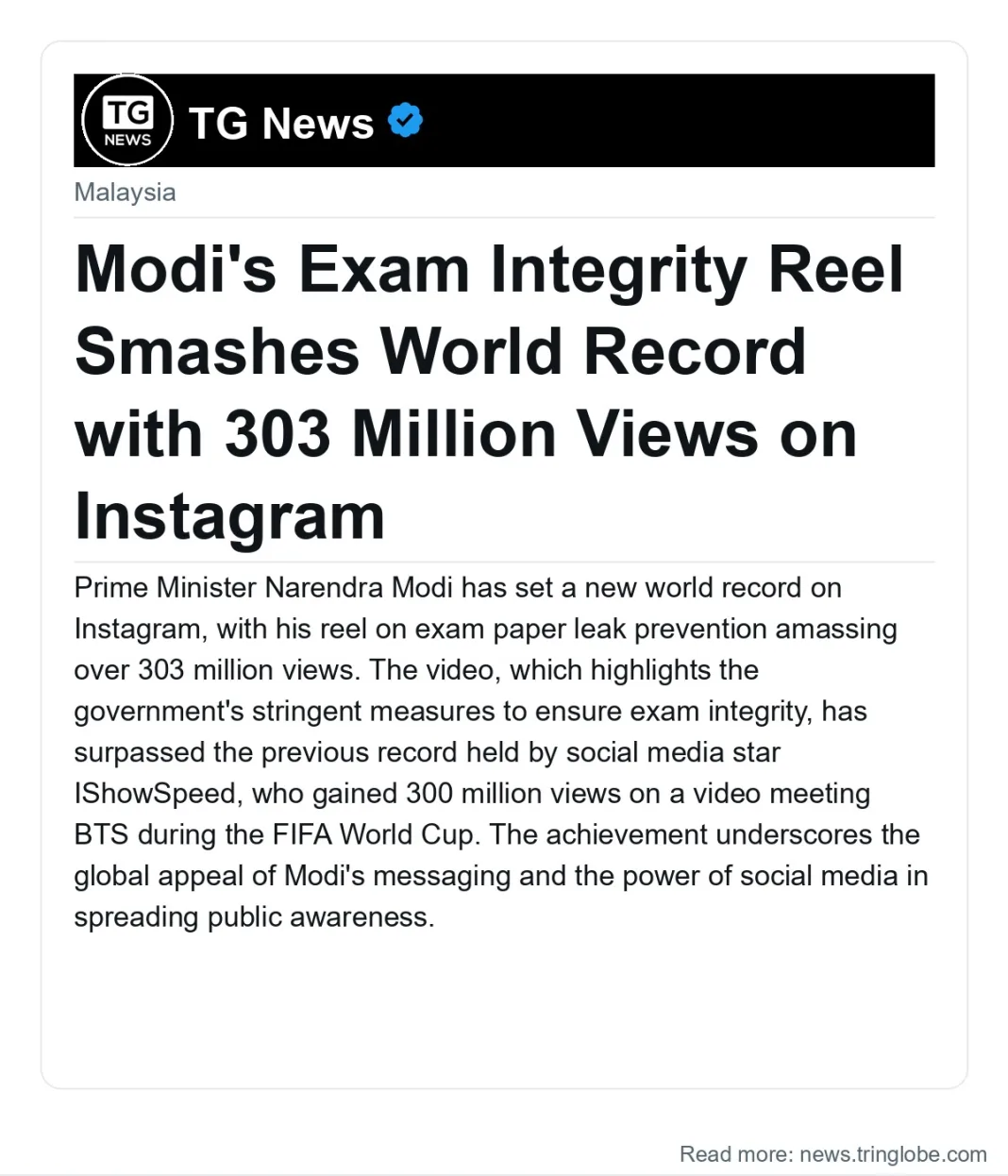 Modi’s Exam Integrity Reel Smashes World Record with 303 Million Views on Instagram