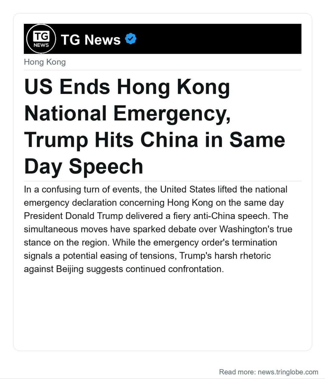 US Ends Hong Kong National Emergency, Trump Hits China in Same Day Speech
