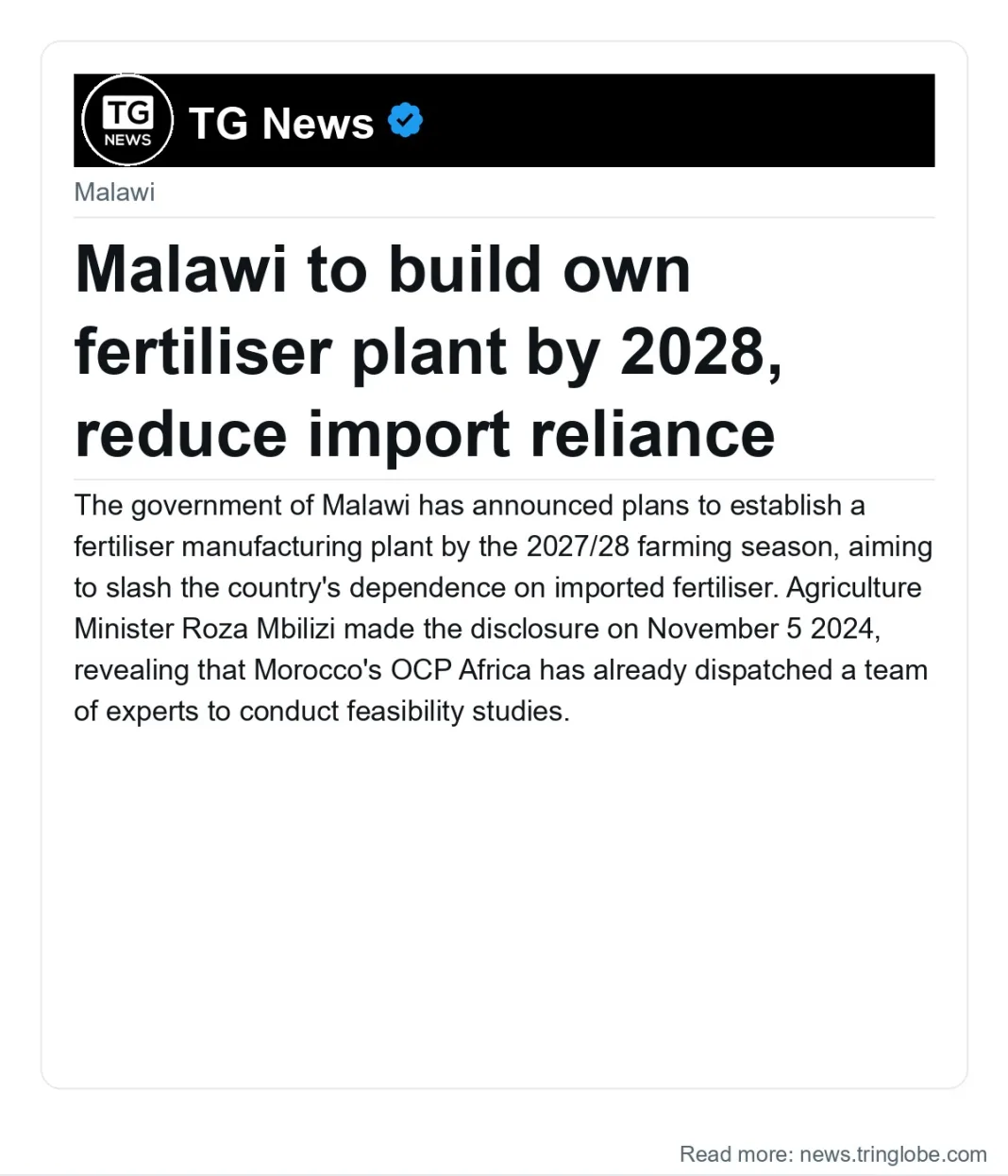 Malawi to build own fertiliser plant by 2028, reduce import reliance