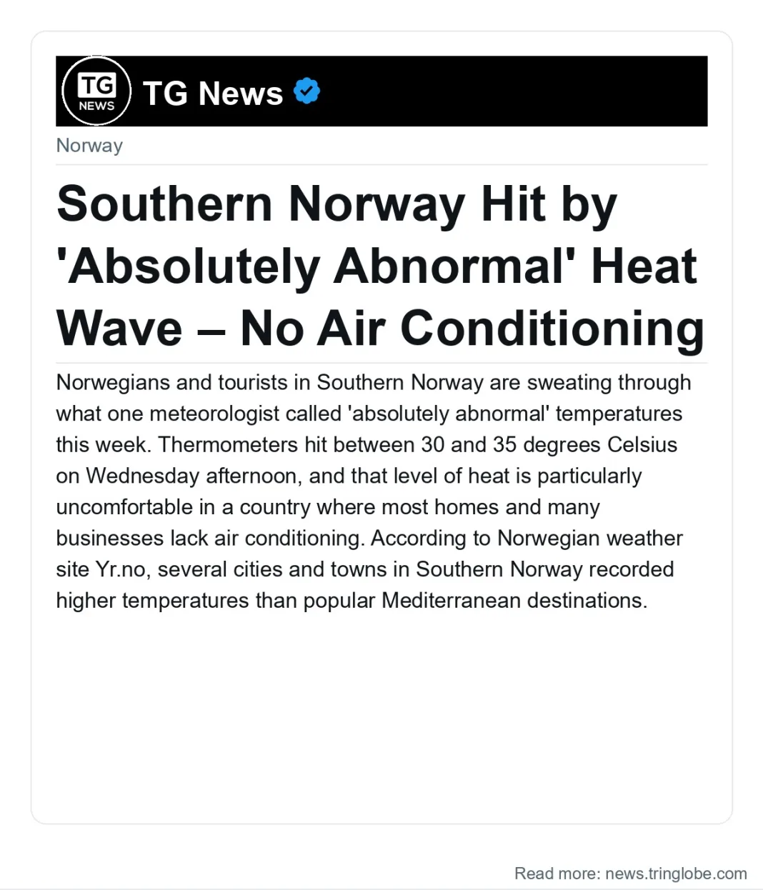 Southern Norway Hit by ‘Absolutely Abnormal’ Heat Wave – No Air Conditioning