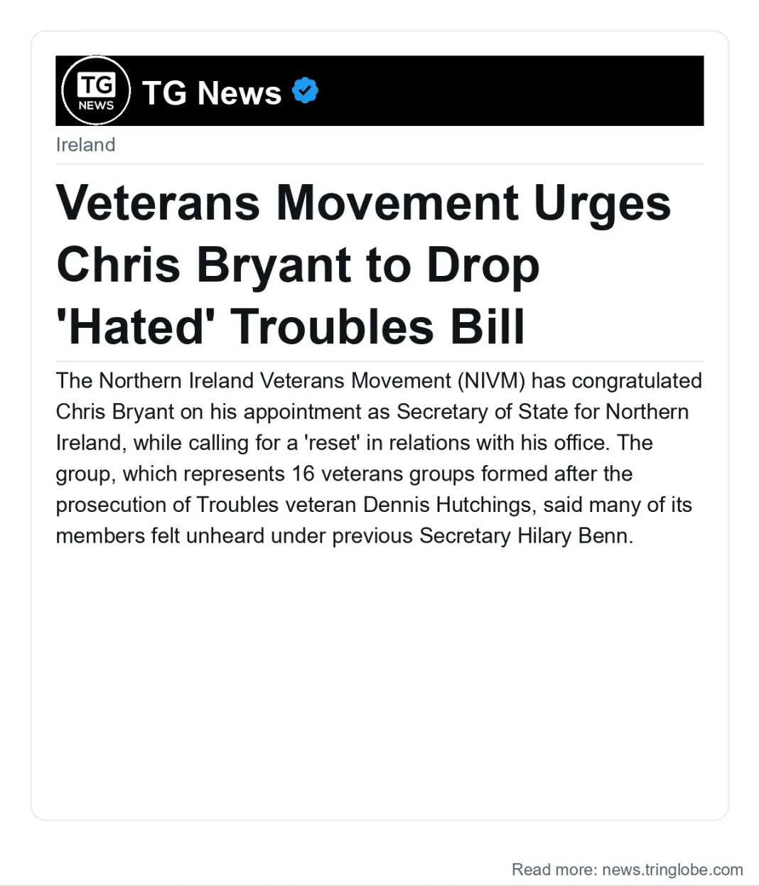 Veterans Movement Urges Chris Bryant to Drop ‘Hated’ Troubles Bill