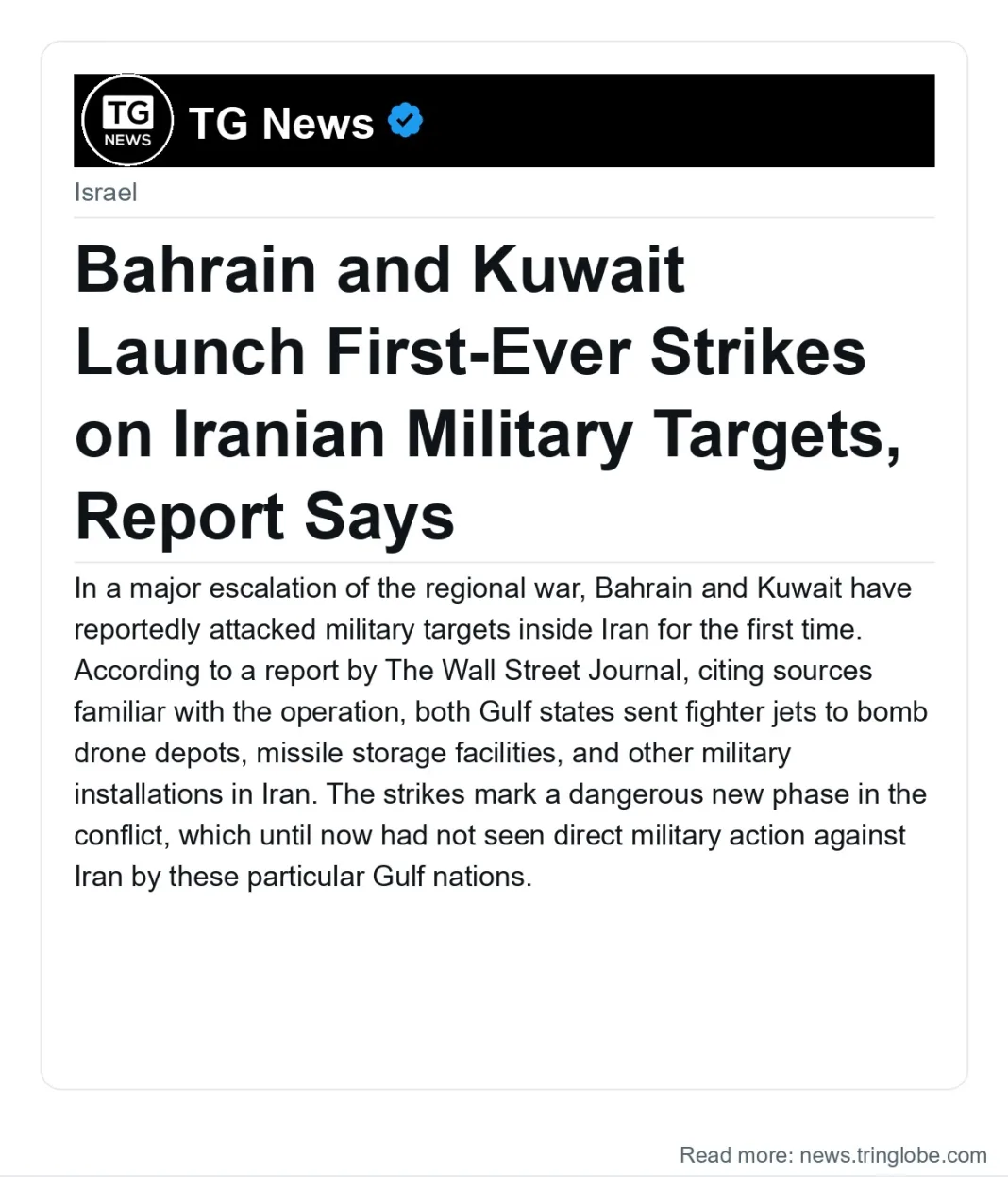 Bahrain and Kuwait Launch First-Ever Strikes on Iranian Military Targets, Report Says