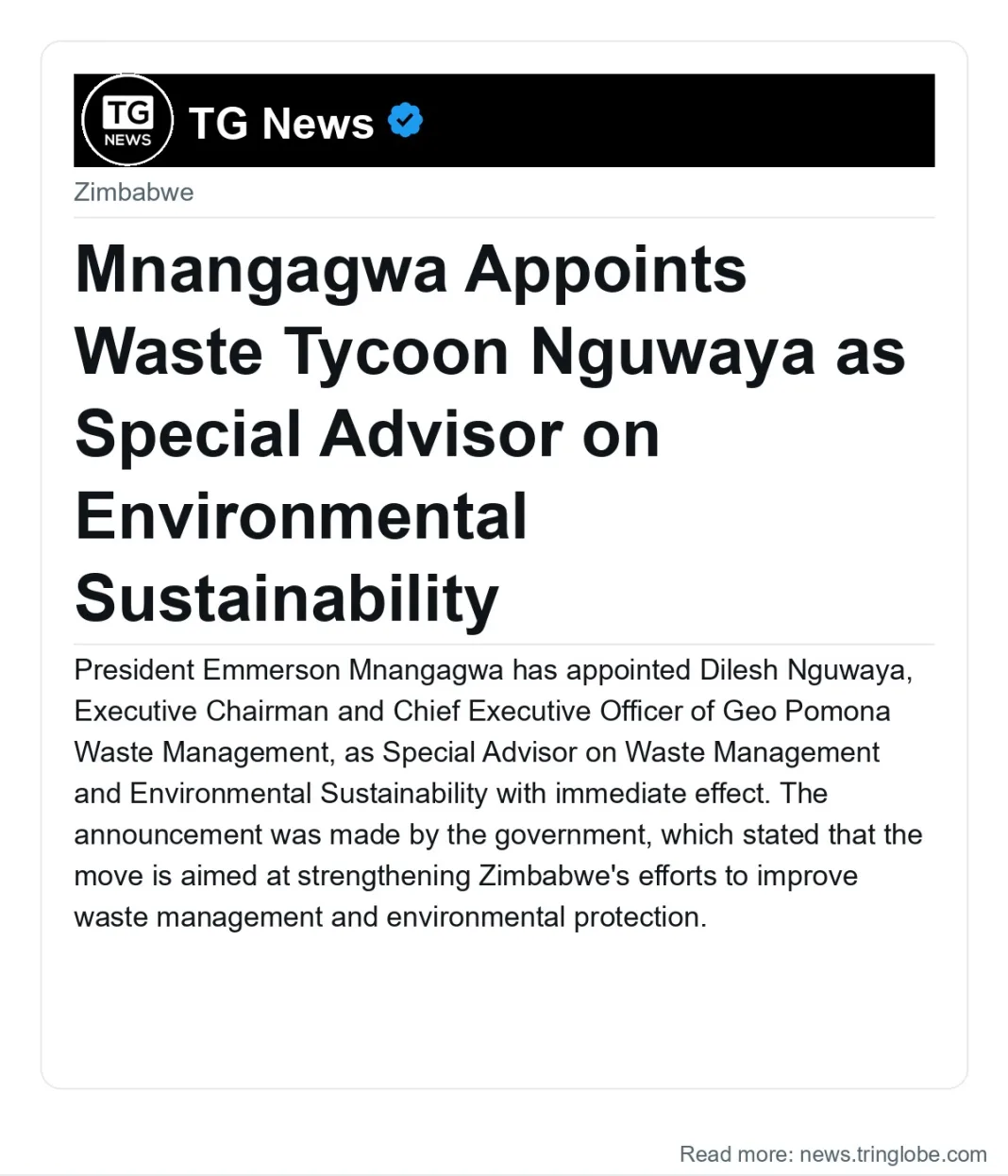 Mnangagwa Appoints Waste Tycoon Nguwaya as Special Advisor on Environmental Sustainability