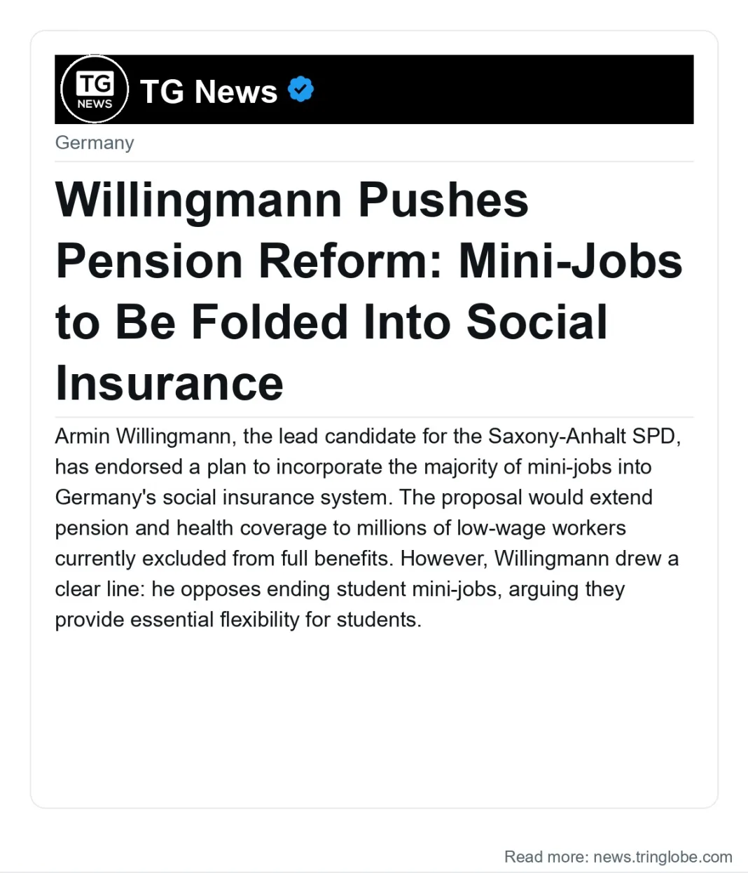 Willingmann Pushes Pension Reform: Mini-Jobs to Be Folded Into Social Insurance