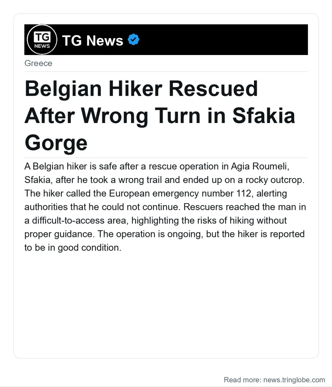 Belgian Hiker Rescued After Wrong Turn in Sfakia Gorge