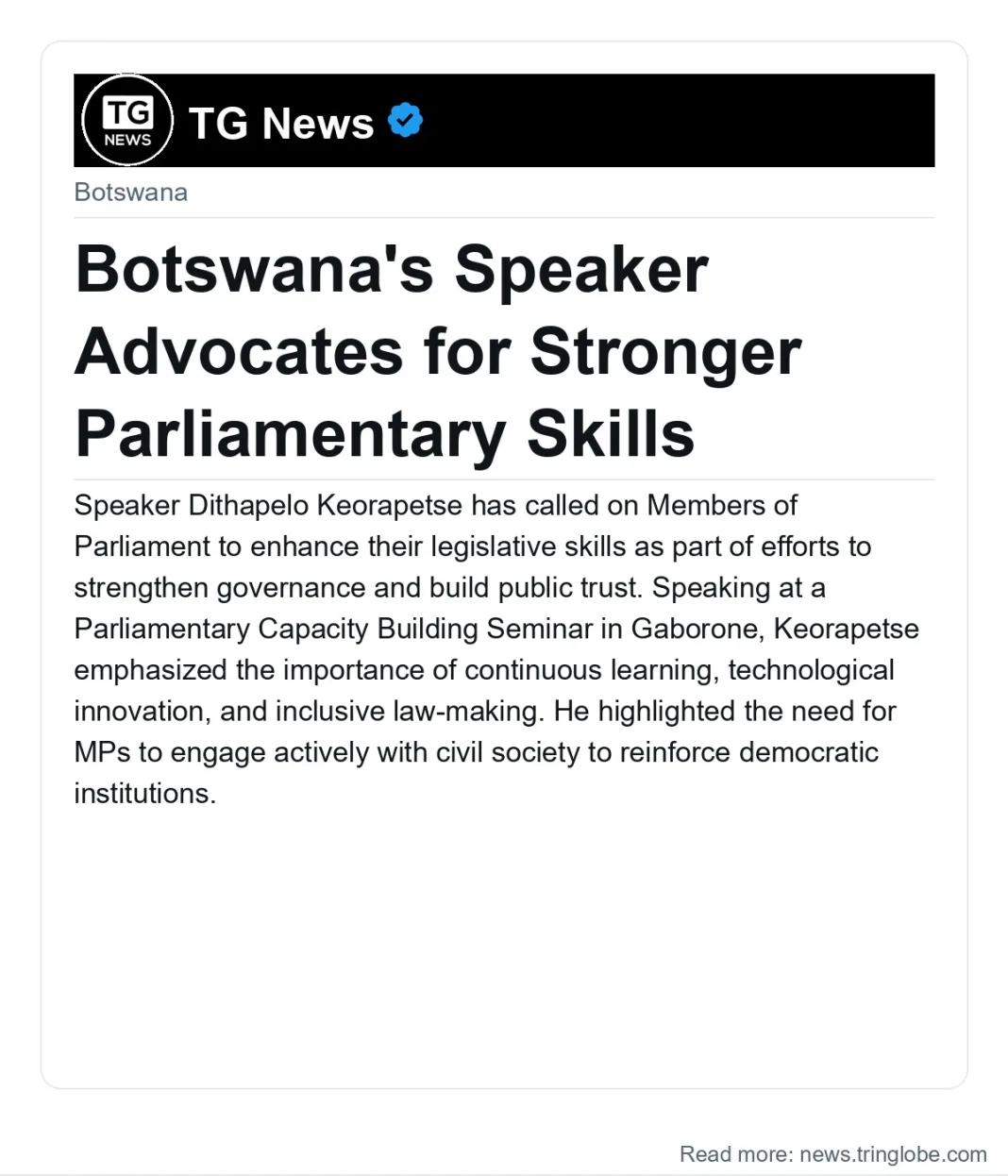 Botswana’s Speaker Advocates for Stronger Parliamentary Skills