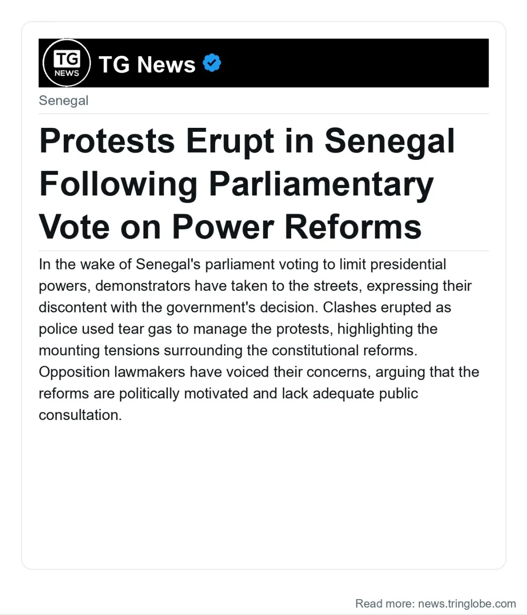 Protests Erupt in Senegal Following Parliamentary Vote on Power Reforms