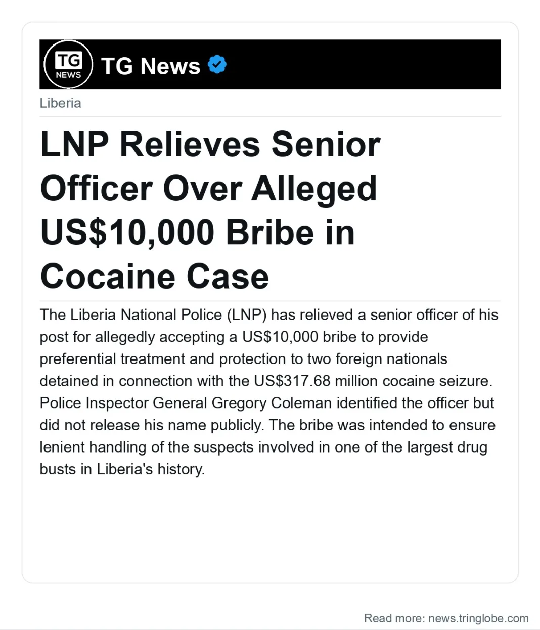 LNP Relieves Senior Officer Over Alleged US$10,000 Bribe in Cocaine Case