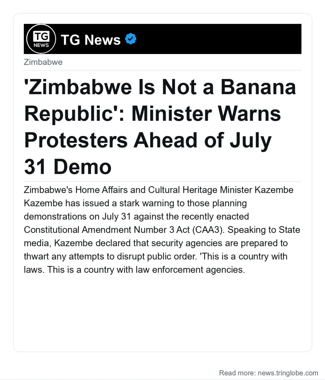‘Zimbabwe Is Not a Banana Republic’: Minister Warns Protesters Ahead of July 31 Demo