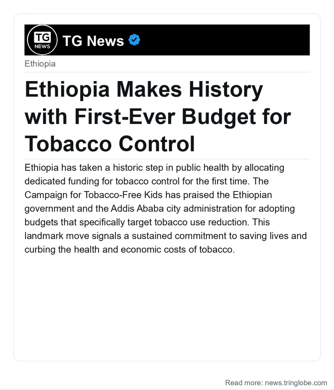 Ethiopia Makes History with First-Ever Budget for Tobacco Control