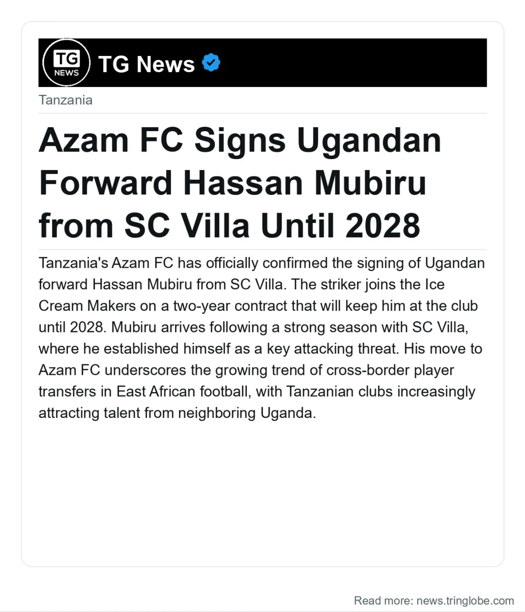 Azam FC Signs Ugandan Forward Hassan Mubiru from SC Villa Until 2028