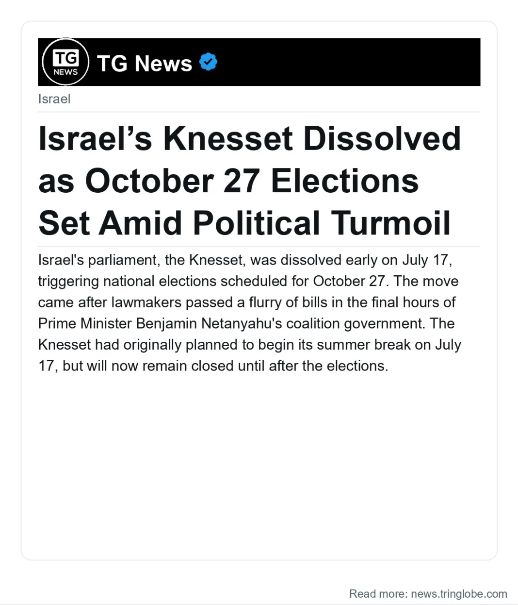 Israel’s Knesset Dissolved as October 27 Elections Set Amid Political Turmoil