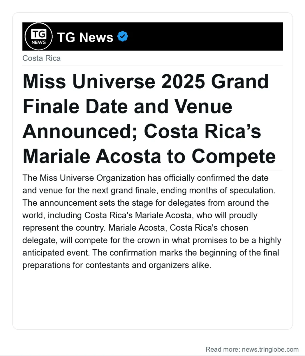 Miss Universe 2025 Grand Finale Date and Venue Announced; Costa Rica’s Mariale Acosta to Compete